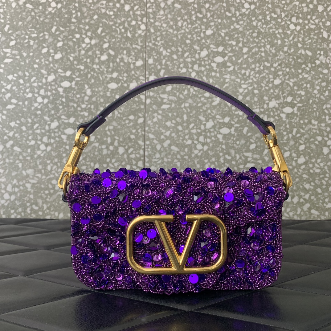 Valentino Garavani Loco Small Embroidered Shoulder Bag with Purple Beaded Fringes